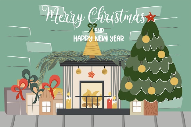 벽난로, 전나무 나무, 텍스트 Merry Christmas.decorated 크리스마스 벽돌 로프트 볼 가문비나무와 벽난로 촛불 및 선물. 축제 인테리어의 벡터 그림입니다.