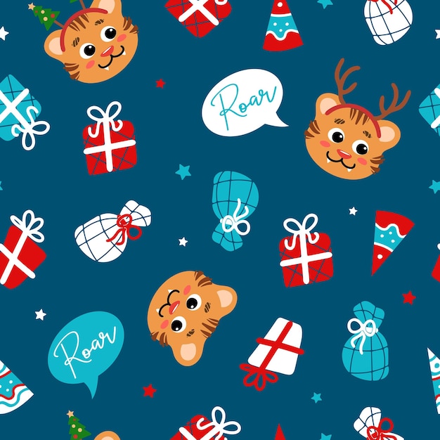 Christmas bright seamless pattern in cartoon style tiger gifts stars party hat snowflakes