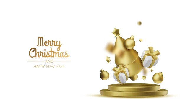 christmas bright tree with star and balls merry christmas and happy new year realistic 3d design of objects christmas ball gift box surprise gifts gold confetti vector illustration