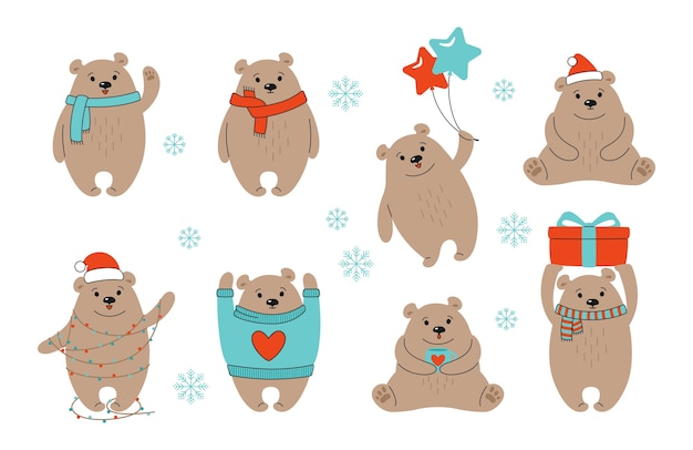 Christmas brown bear cartoon set