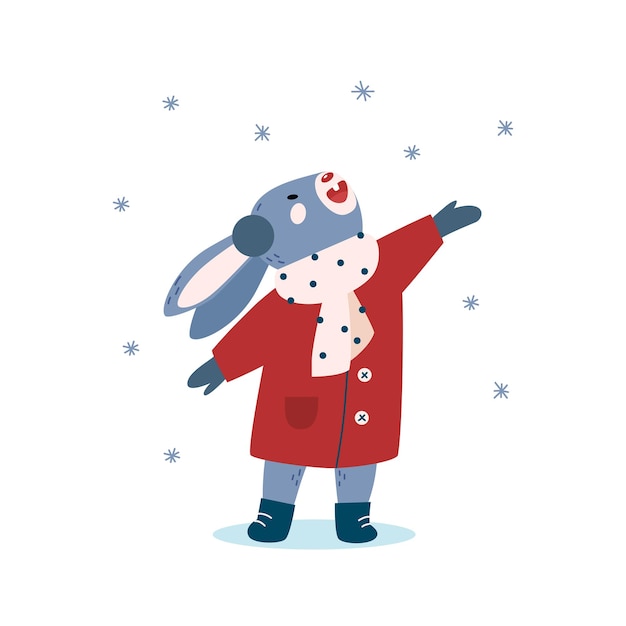 Christmas bunny character. Rabbit in winter clothes on a background of snow.