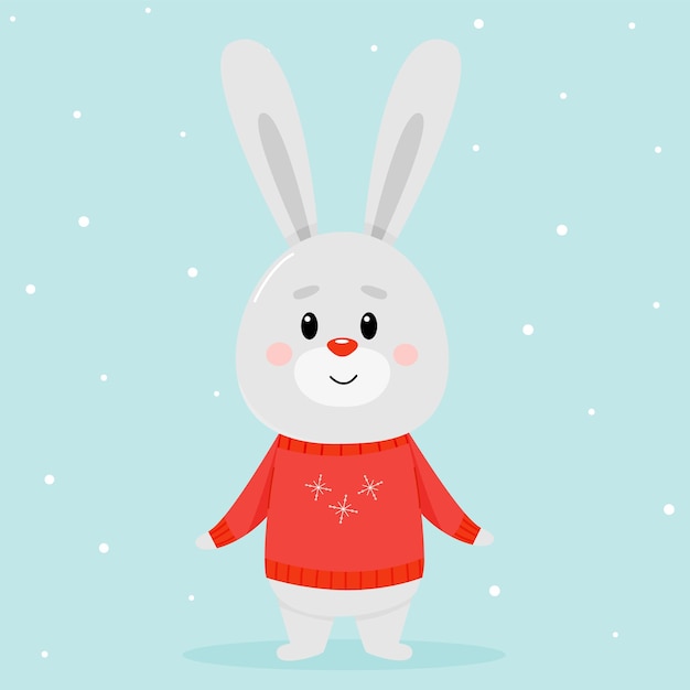Рождественский кролик в красном свитере на синем фоне. векторная иллюстрация нового года.