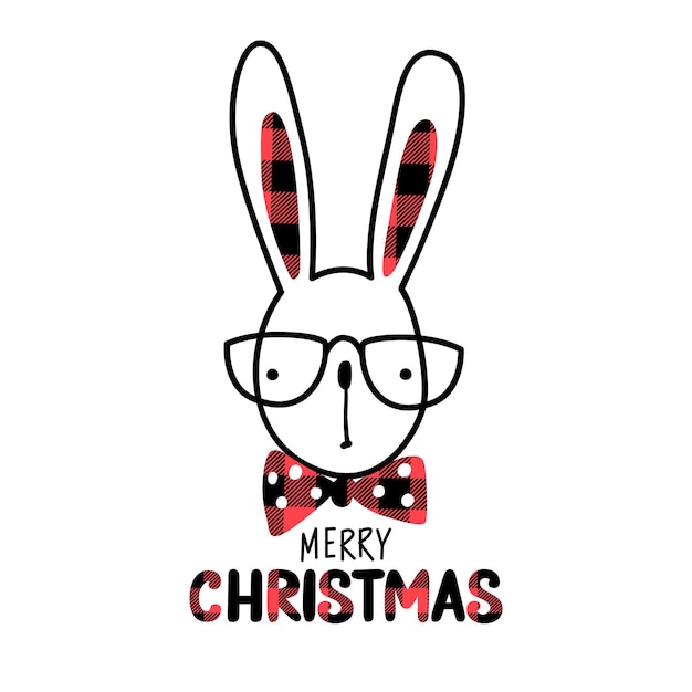 Вектор Рождественский кролик или кролик в очках. иллюстрация каракули.