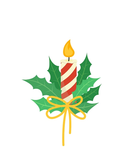 Christmas burning candle in holly leaves Ilex Candle Flat cartoon vector