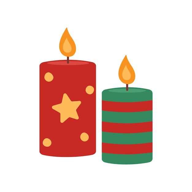 Christmas burning candles isolated on white background A red candle with a star and a green stripped