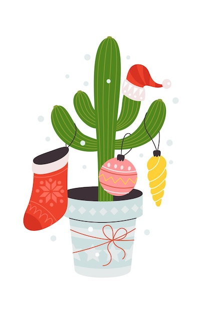 Christmas cacti in pot with winter socks flat icon Interior