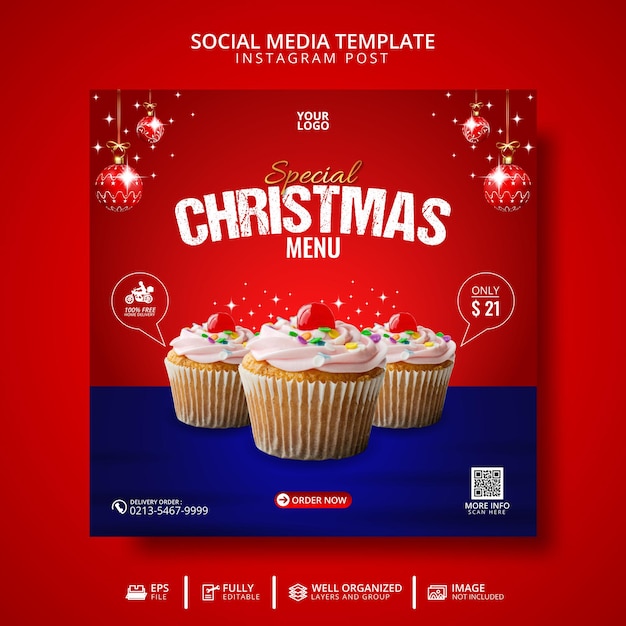 Menu di cibo e torta di natale promozione del modello di post sui social media