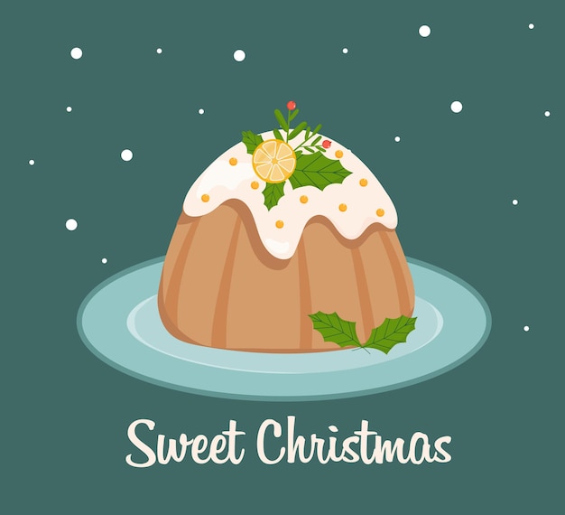 ベクトル 碑文と皿の上のクリスマス ケーキ ドライ フルーツと砂糖漬けのケーキ、葉レモンの装飾