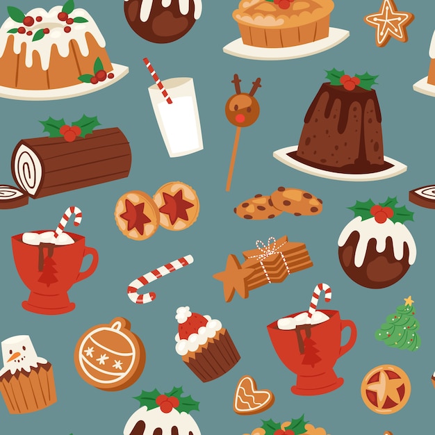 Vector christmas cakes, candy and sweets seamless pattern.