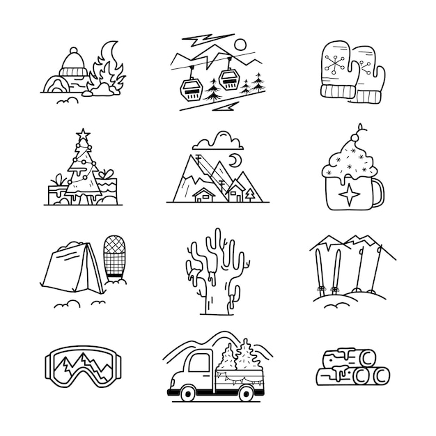 Christmas camping icons and elements in line art style silhouette travel symbols icluding tent chris