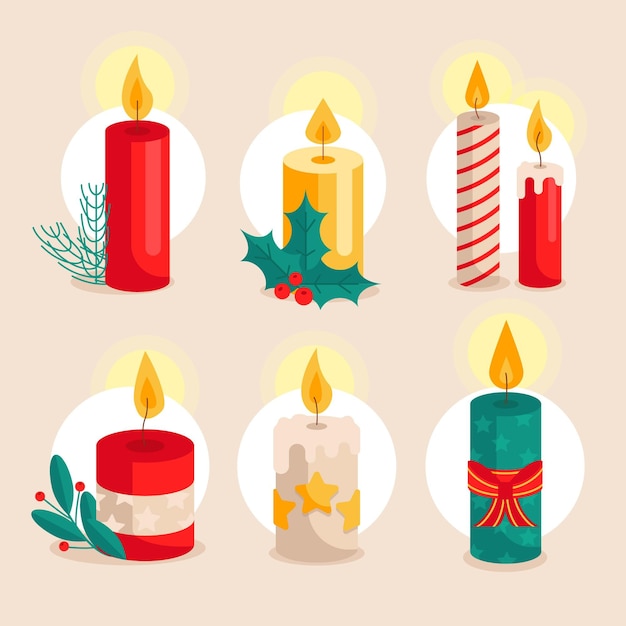 Рождественская коллекция свечей в плоском дизайне