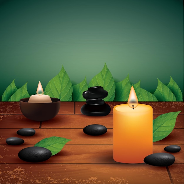 Vector christmas candle placed on a wooden table adorned with pebbles