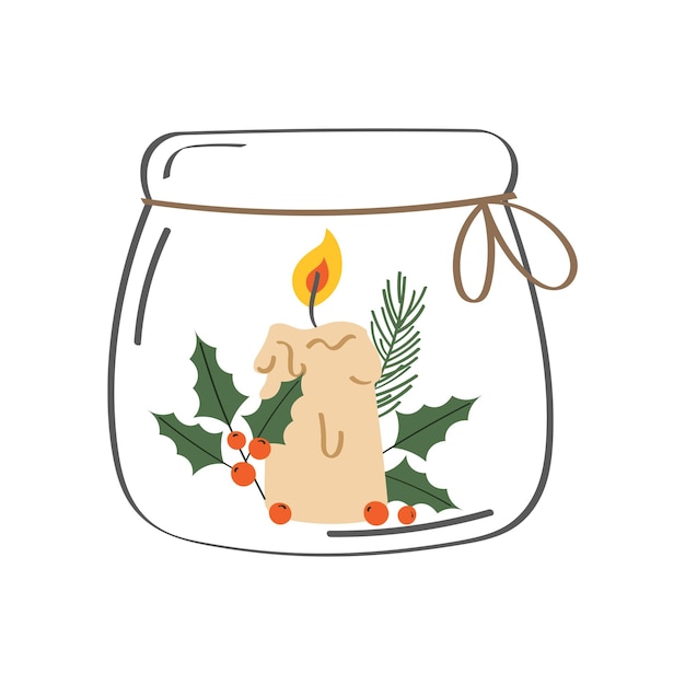 Christmas candle with fir branches and Holly berries, vector illustration