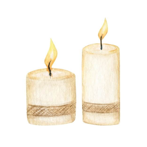 Christmas candle with a flame set. watercolor burning wax candle isolated illustration.