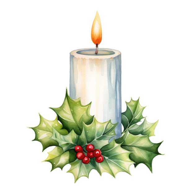 Christmas candle with holly leaves watercolor illustration on white background