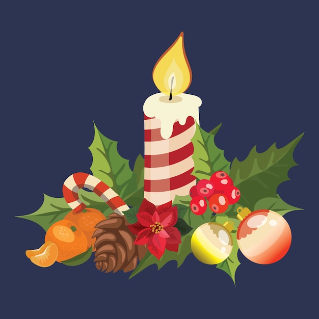 Christmas candle with poinsettia. Illustration of a burning candle. Drawing for children.