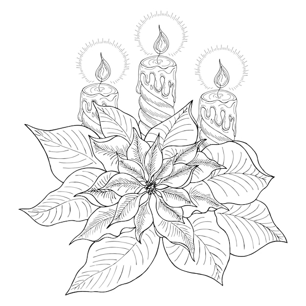 Vector christmas candles with poinsettias handdrawn on a white background