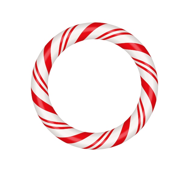 Christmas candy cane circle frame with red and white striped Xmas border with striped candy lollipop pattern Blank christmas and new year template Vector illustration isolated on white background