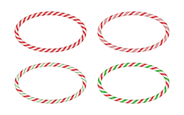 Christmas candy cane oval frame with red and green striped Xmas border with striped candy lollipop pattern Blank christmas and new year template Vector illustration isolated on white background
