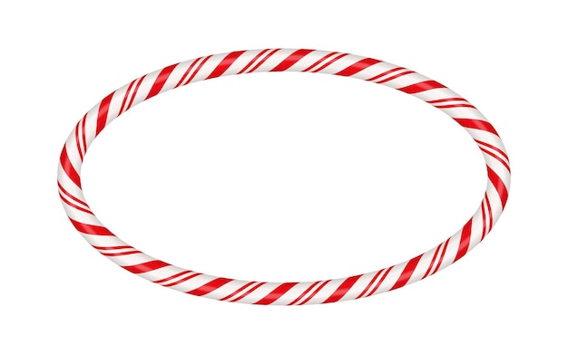 Christmas candy cane oval frame with red and white striped Xmas border with striped candy lollipop pattern Blank christmas and new year template Vector illustration isolated on white background