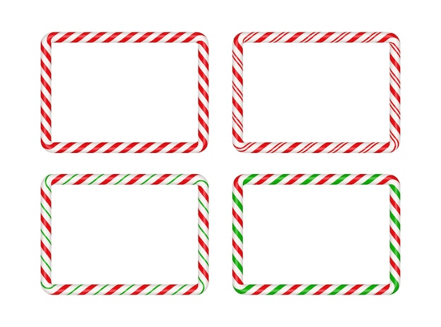 Vector christmas candy cane rectangle frame with red and green stripe xmas border with striped candy lollipop pattern blank christmas and new year template vector illustration isolated on white background