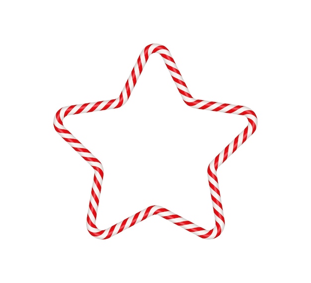 Christmas candy cane star frame with red and white striped Xmas border with striped candy lollipop pattern Blank christmas and new year template Vector illustration isolated on white background