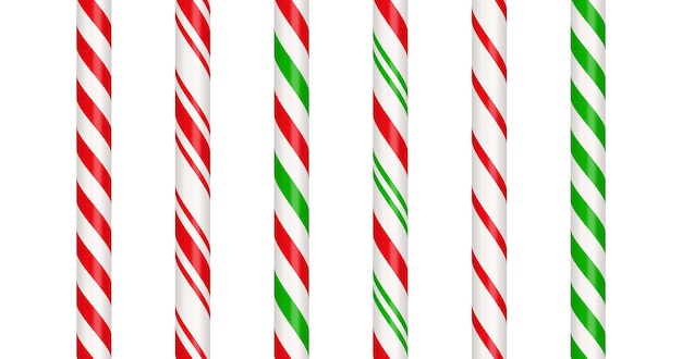 ベクトル 赤と緑の縞模様のクリスマスのキャンディケインの直線の境界線と縞模様のキャンディロリポップパターンのクリスマスのシームレスな線クリスマス要素白い背景で隔離のベクトル図