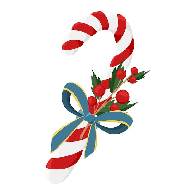 Christmas candy cane with red berries. Green leaves. Blue bow. Isolated object. Holiday. Vector.