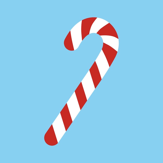 Vector christmas candy cane with red and white stripes isolated on blue background