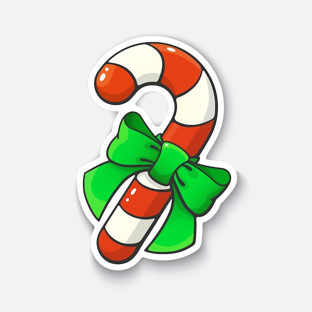 Christmas candy cane with ribbon Cartoon sticker in comic style with contour Vector illustration