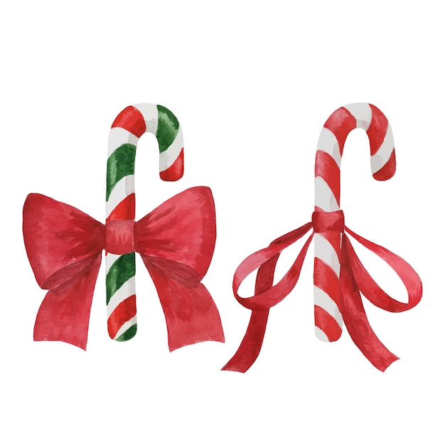 Christmas candy canes decorated for Christmas by red bows isolated on white, watercolor illustration