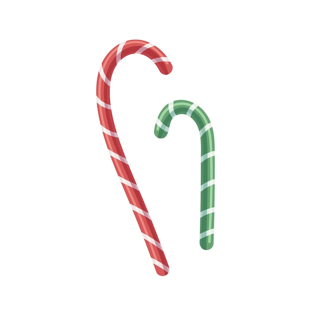 Christmas candy canes. Striped Xmas sticks. Holiday sweets. Sugar candycanes. Festive peppermint flavored caramel. Realistic flat vector illustration of glossy lollipop isolated on white background