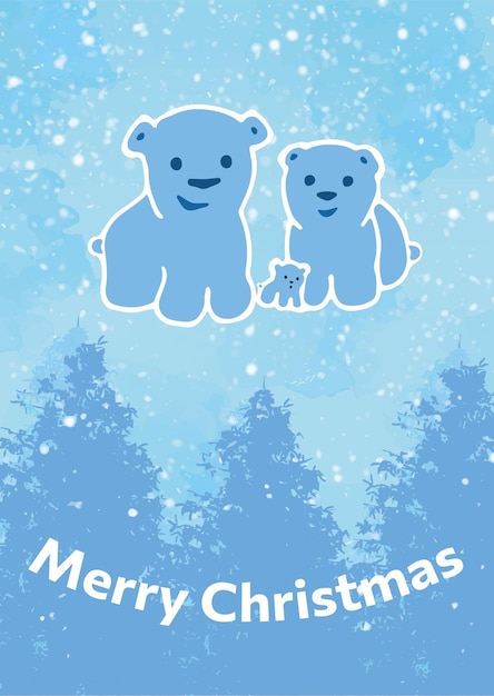 Christmas card bear family Blue color Background with christmas trees and snowfall Vector illustration