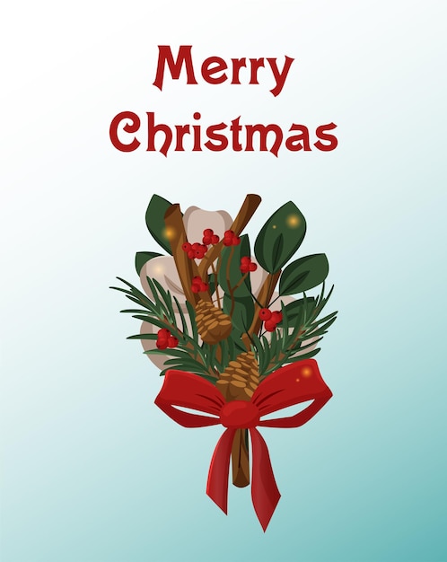 Vector christmas card bouquet with fir coniferous branches, red berries, green leaves, forest cones, red bo