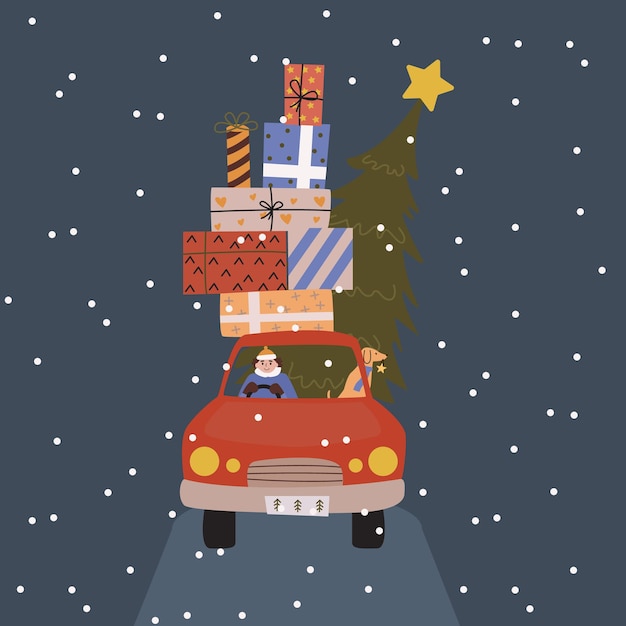 Vector christmas card. a car with gifts and a christmas tree. a man and a dog inside a car.