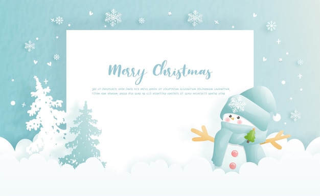 クリスマスカード、かわいい雪だるまのお祝い、コピースペース、クリスマスシーン、イラスト。