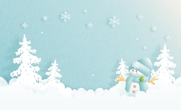 Рождественская открытка, празднование с милым снеговиком и рождественская сцена вырезать из бумаги синим цветом, иллюстрация.
