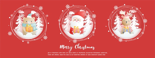 Cartolina di natale, feste con babbo natale e amici, scena di natale in stile taglio carta.