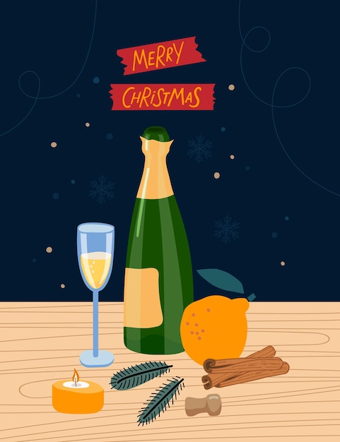 Christmas card. champagne on wooden table. champagne, glass, orange fruit and handwritten phrase