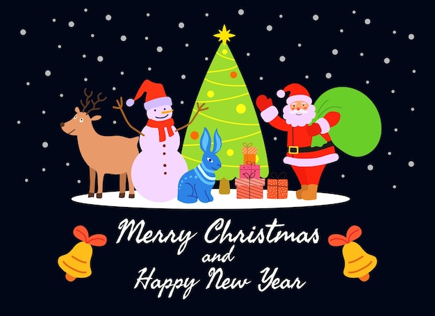 Christmas card in children's style with Santa Claus and his helpers reindeer hare and snowman with a Christmas tree and snowflakes poster for greetings or invitations Vector illustration