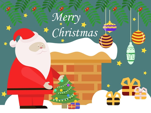 Рождественская открытка дымоход подарки и дед мороз с подарками