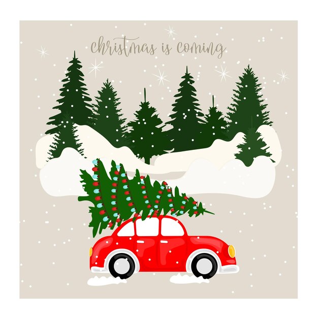 Vector christmas card christmas tree on the red car