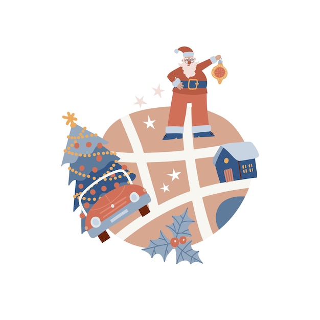 Vector christmas card concept with winter map  cozy infographics templates with santa house streets house c...