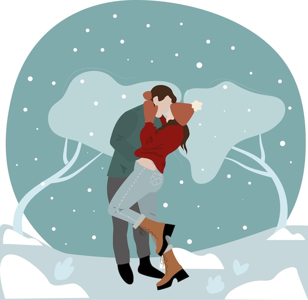 Рождественская открытка. Влюбленная пара. Парень и девушка в зимнем парке. Векторная иллюстрация высокого качества.