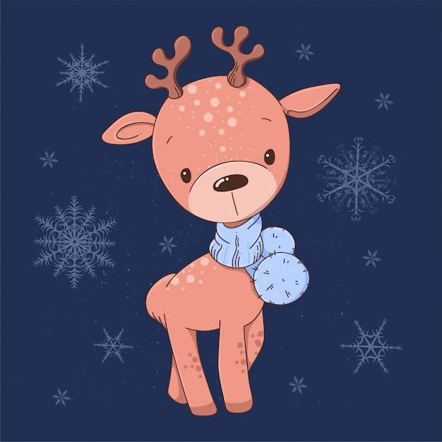 Christmas card cute cartoon deer in a blue scarf