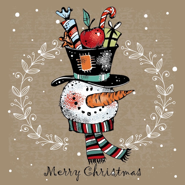 Vector christmas card cute funny snowman with gifts vector