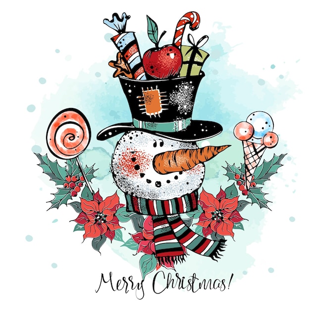 Vector christmas card cute funny snowman with gifts vector