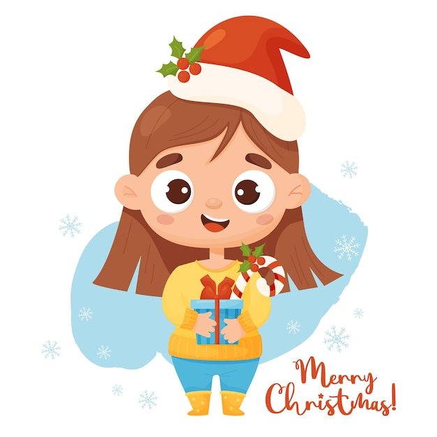 크리스마스 카드 새 해 선물과 카라멜 스틱 산타 모자에 귀여운 소녀. 메리 크리스마스