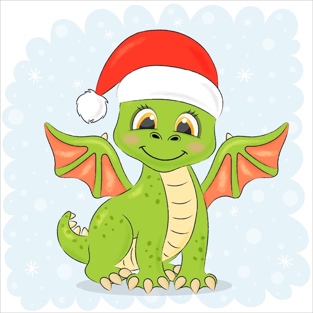 Рождественская открытка милый зеленый дракон в красной шапке
