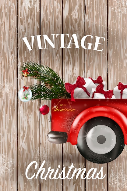 Vettore disegno della cartolina di natale della retro automobile rossa con l'albero sulla parte superiore.